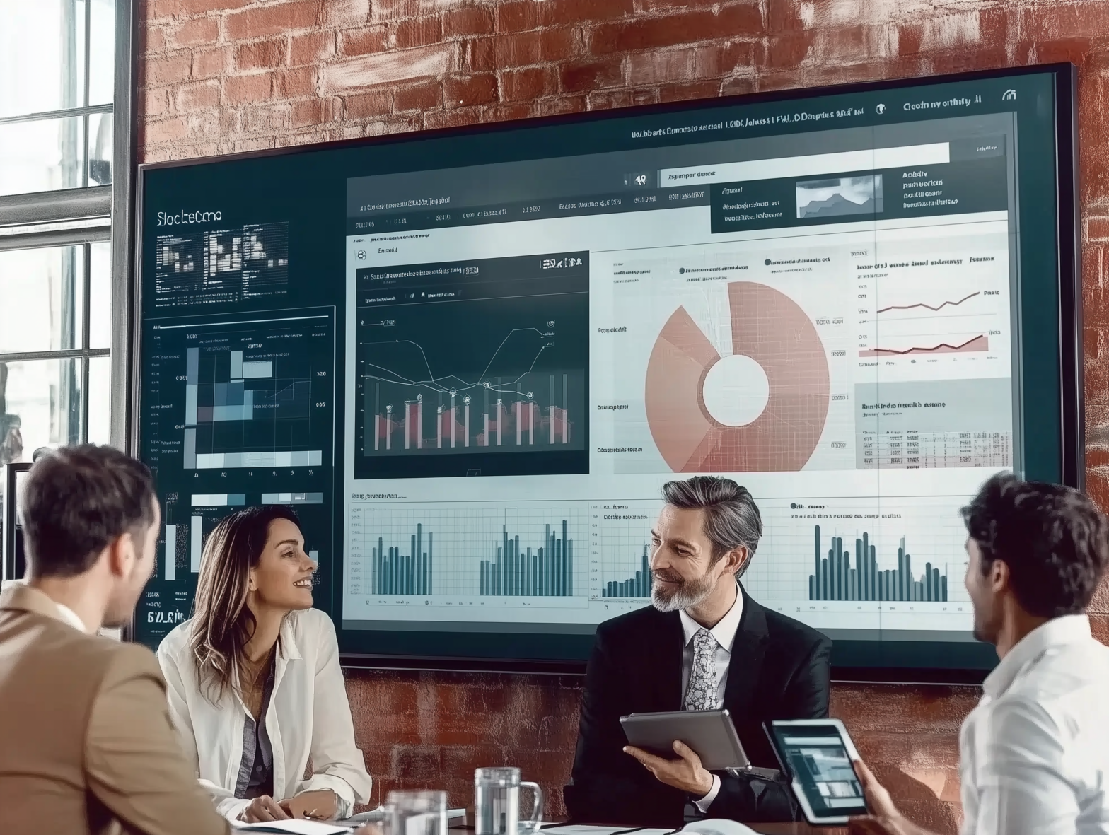 A diverse group of business professionals using BI
